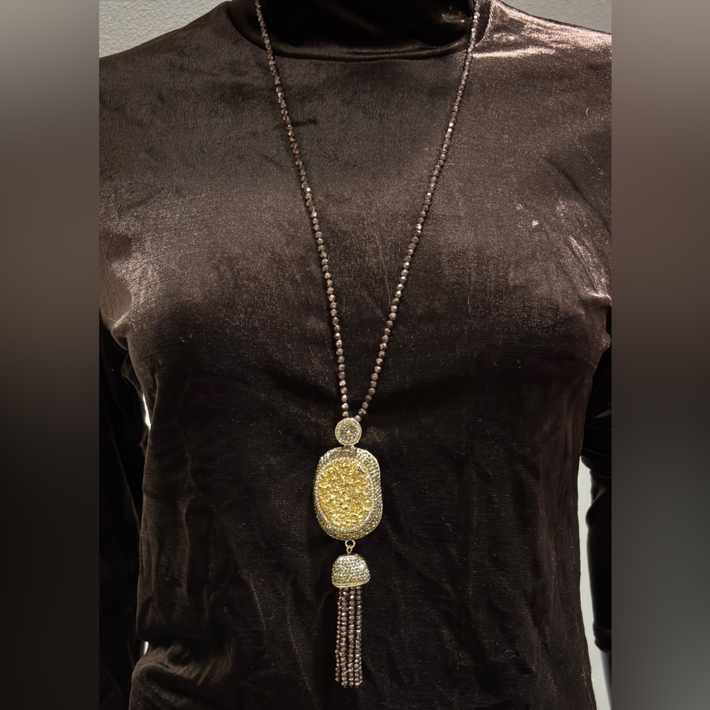 Real Collectibles By Adrienne Silver Nugget Pave Crystals Long Tassel Necklace